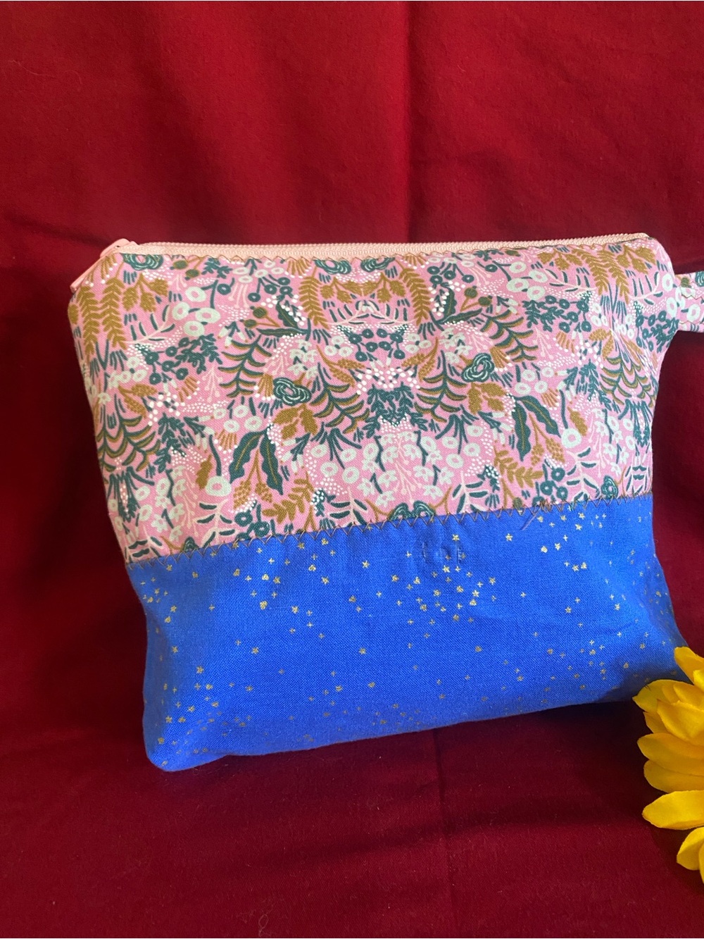 Floral Pink and Blue Cotton Cosmetic Pouch hand made